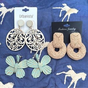 Set of 3 Pairs Boho Drop Earrings Butterfly Handmade Raffia Laser Cut Wood